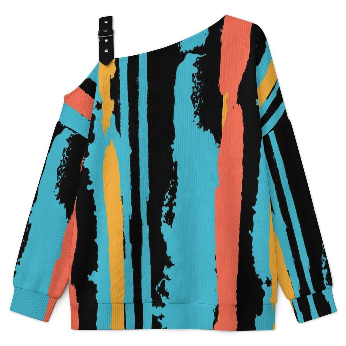 Off-the-shoulder Sweater Color Stripe  Asymmetric Cold Shoulder Knit Sweater for Women, Adjustable Buckle Strap Long Sleeve Casual Slouchy Pullover