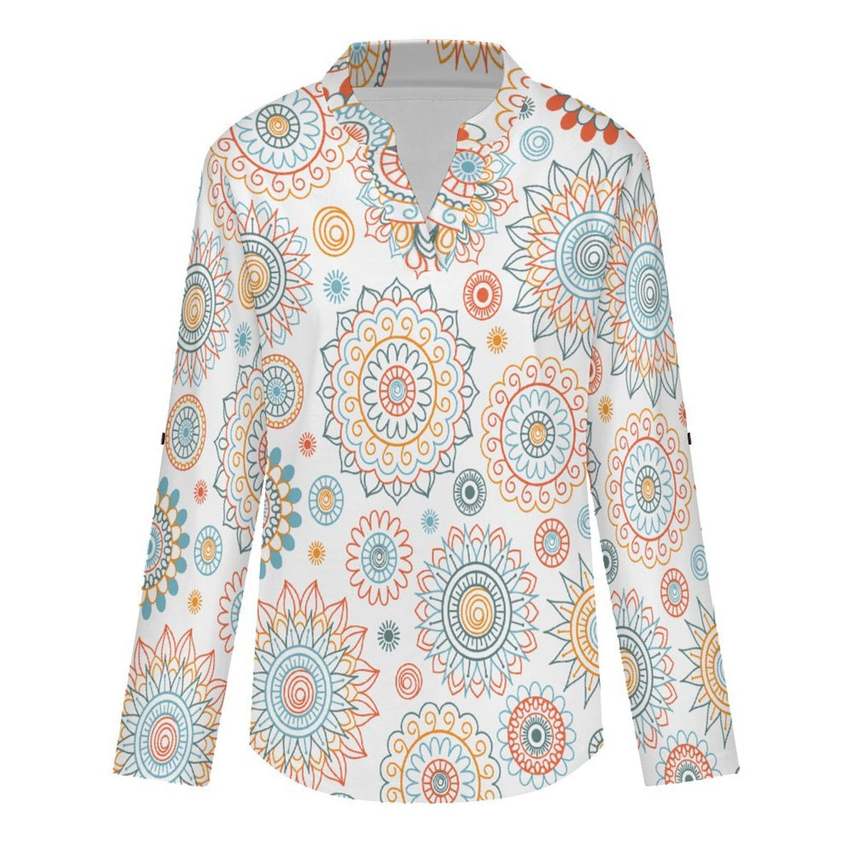 Stand-up Collar Long-sleeved Shirt Repetitive Pattern  Customization Women’s V-Neck Blouses,long Sleeve,Roll-Up Sleeve Shirt