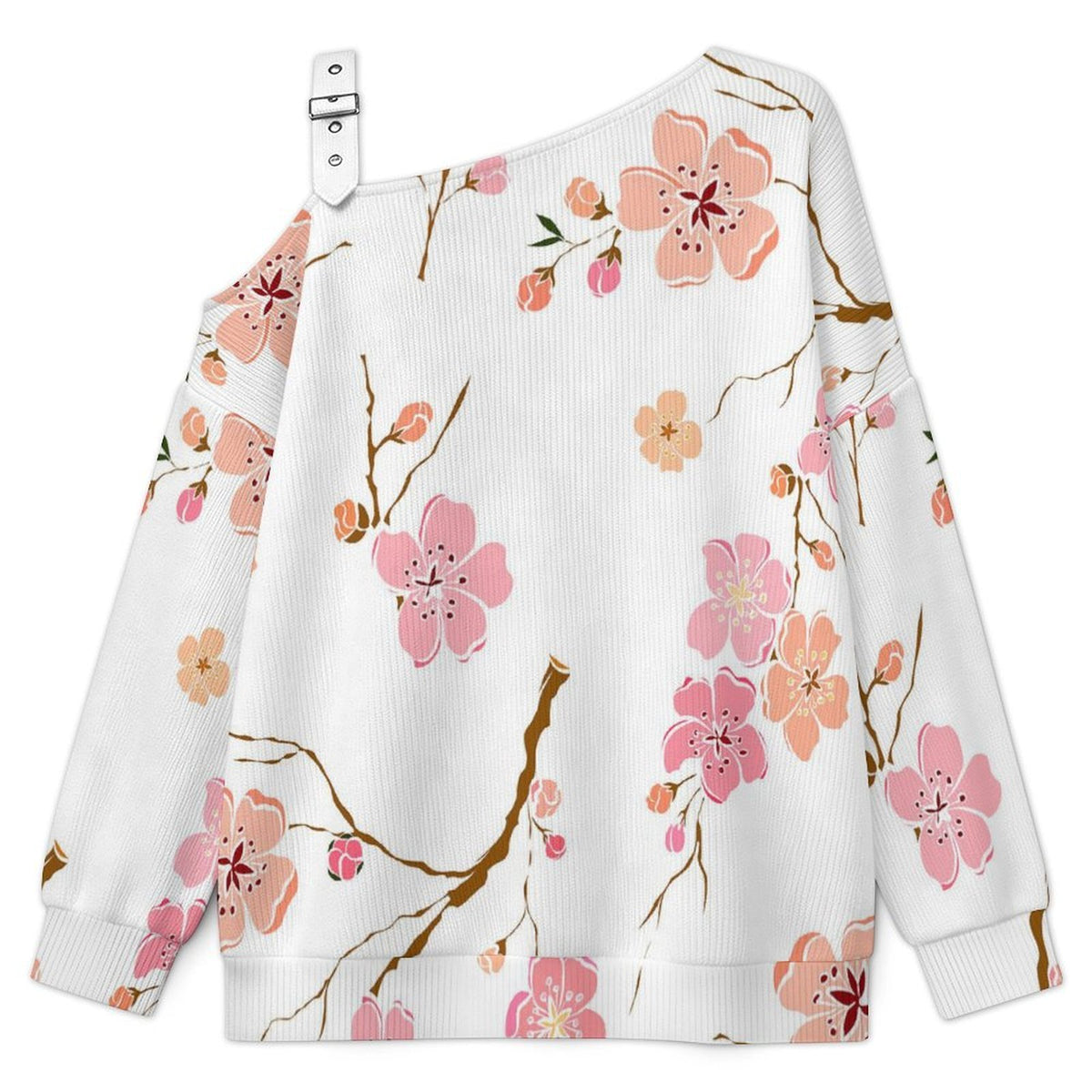 Off-the-shoulder Sweater Flowers  Asymmetric Cold Shoulder Knit Sweater for Women, Adjustable Buckle Strap Long Sleeve Casual Slouchy Pullover