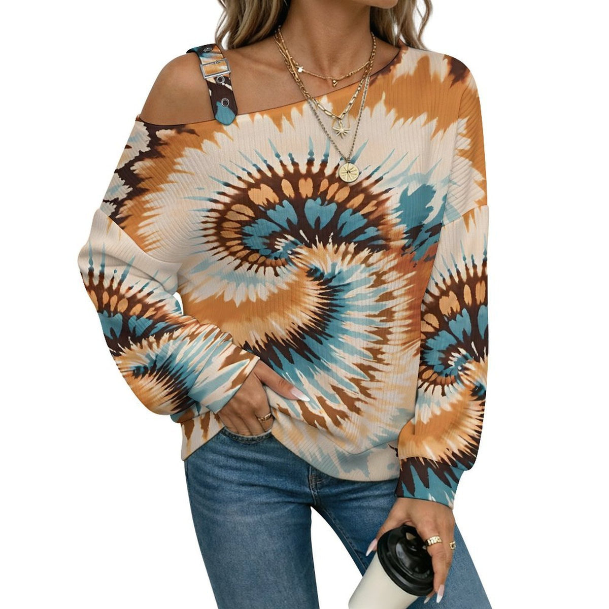 Fall Casual Asymmetric Shoulder Knit Top with Buckle Detail Tie Dye Stripes