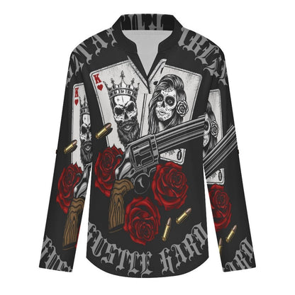 Stand-up Collar Long-sleeved Shirt Halloween, Poker, Skeletons  Customization Women’s V-Neck Blouses,long Sleeve,Roll-Up Sleeve Shirt