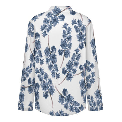 Stand-up Collar Long-sleeved Shirt Purple Flowers, Repeating Pattern  Customization Women’s V-Neck Blouses,long Sleeve,Roll-Up Sleeve Shirt