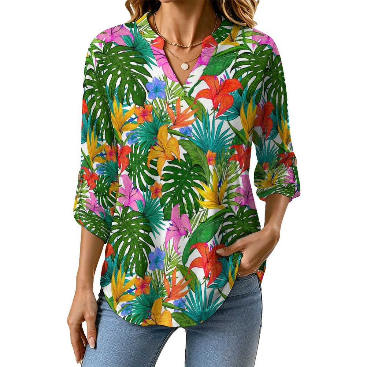 Stand-up Collar Long-sleeved Shirt Colorful Flowers And Green Leaves  Customization Women’s V-Neck Blouses,long Sleeve,Roll-Up Sleeve Shirt