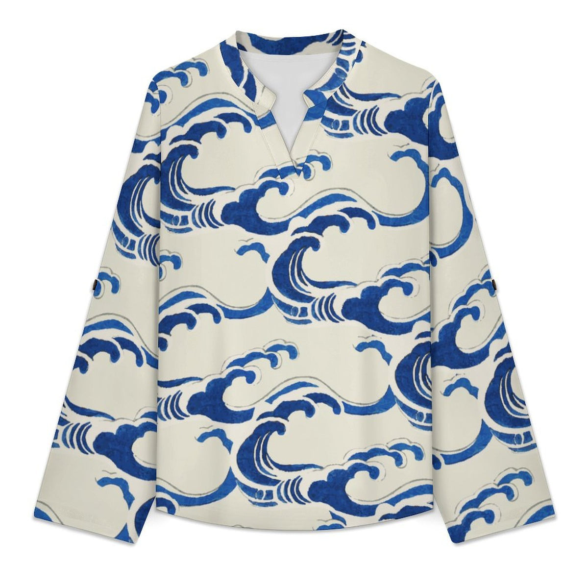 Stand-up Collar Long-sleeved Shirt Retro Wave Background  Customization Women’s V-Neck Blouses,long Sleeve,Roll-Up Sleeve Shirt