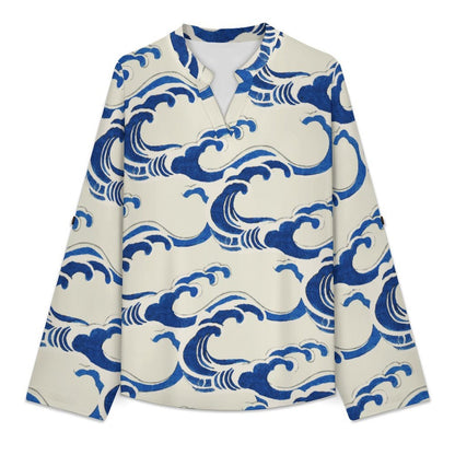 Stand-up Collar Long-sleeved Shirt Retro Wave Background  Customization Women’s V-Neck Blouses,long Sleeve,Roll-Up Sleeve Shirt