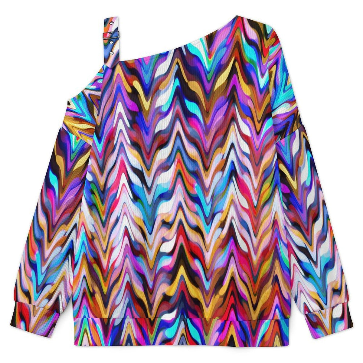 Off-the-shoulder Sweater Colorful Pattern  Asymmetric Cold Shoulder Knit Sweater for Women, Adjustable Buckle Strap Long Sleeve Casual Slouchy Pullover