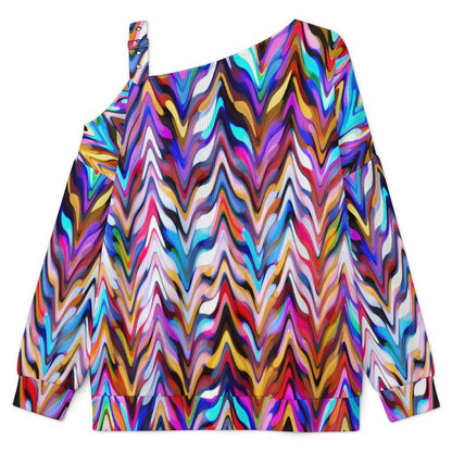 Off-the-shoulder Sweater Colorful Pattern  Asymmetric Cold Shoulder Knit Sweater for Women, Adjustable Buckle Strap Long Sleeve Casual Slouchy Pullover