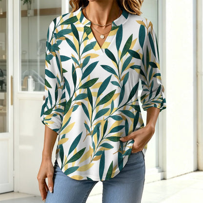 Stand-up Collar Long-sleeved Shirt Leaves, Gold, Repeating Pattern  Customization Women’s V-Neck Blouses,long Sleeve,Roll-Up Sleeve Shirt
