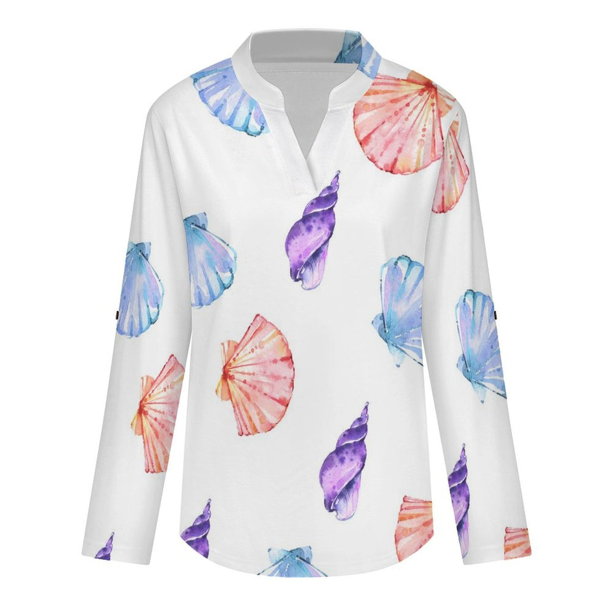 Stand-up Collar Long-sleeved Shirt Shell-blue-full Print-T-shirt-phone Case  Customization Women’s V-Neck Blouses,long Sleeve,Roll-Up Sleeve Shirt