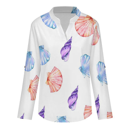 Stand-up Collar Long-sleeved Shirt Shell-blue-full Print-T-shirt-phone Case  Customization Women’s V-Neck Blouses,long Sleeve,Roll-Up Sleeve Shirt