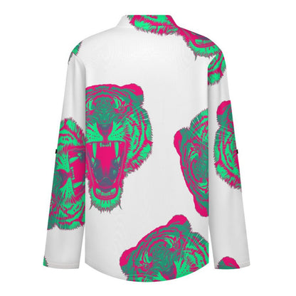 Women's Notched V Neck Tunic Tops, Roll Up 3/4 Sleeve Button Cuff Casual Blouse, Hem Loose Work Shirts  Tiger - Repeat Pattern - Short Skirt