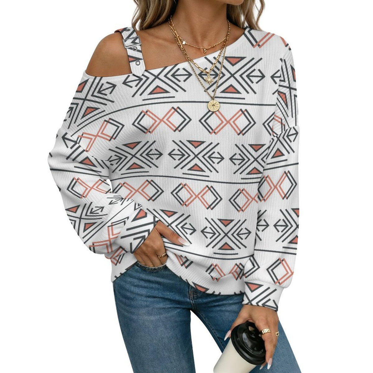 Off-the-shoulder Sweater Amond Pattern  Asymmetric Cold Shoulder Knit Sweater for Women, Adjustable Buckle Strap Long Sleeve Casual Slouchy Pullover