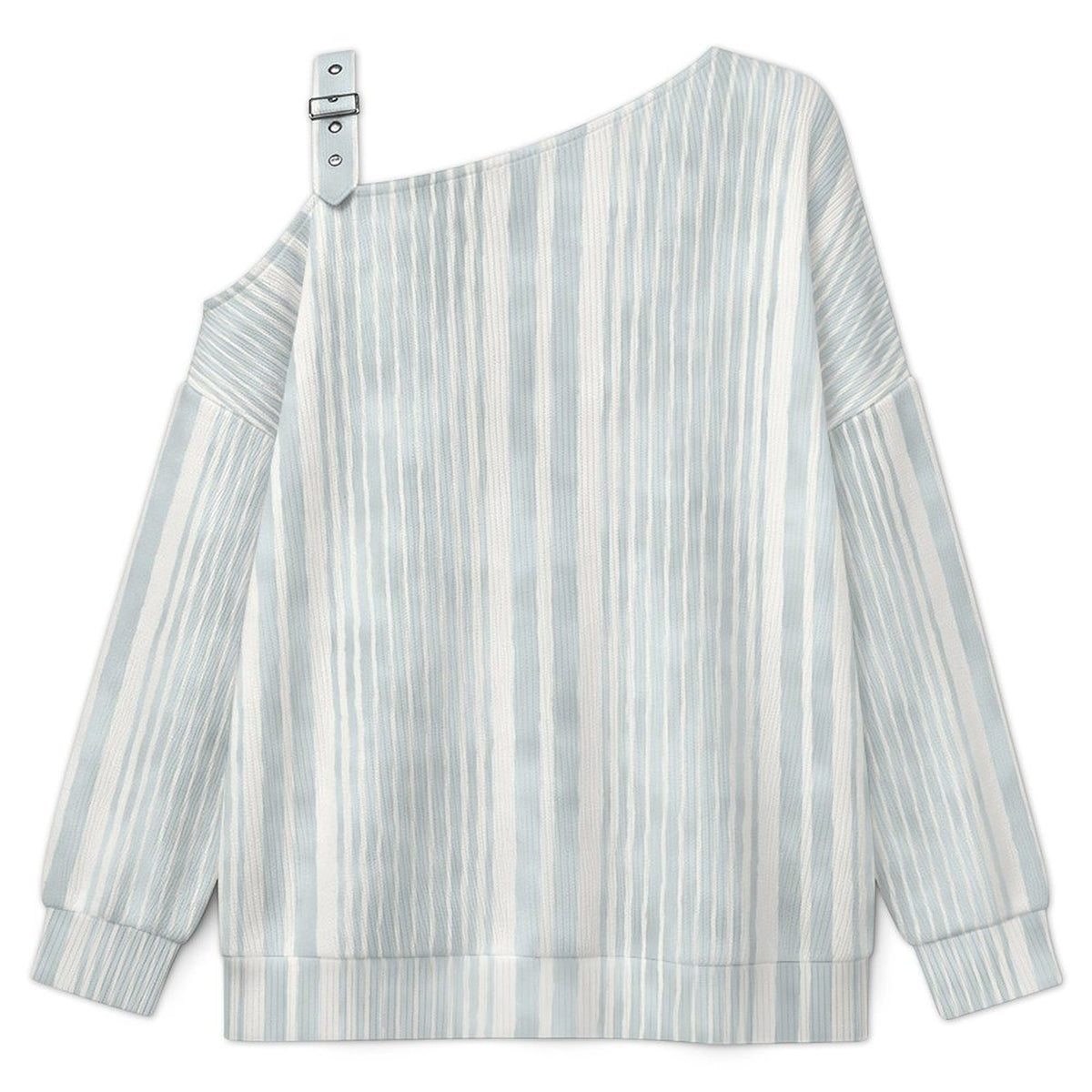 Off-the-shoulder Sweater Fashion Stripe  Asymmetric Cold Shoulder Knit Sweater for Women, Adjustable Buckle Strap Long Sleeve Casual Slouchy Pullover