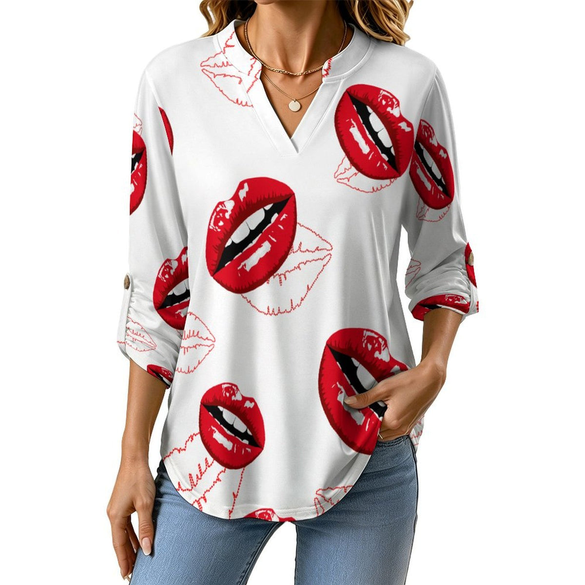 Stand-up Collar Long-sleeved Shirt Red Lips, Sexy, Repeat  Women’s V-Neck Blouses