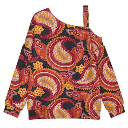 Off-the-shoulder Sweater Paisley Pattern  Asymmetric Cold Shoulder Knit Sweater for Women, Adjustable Buckle Strap Long Sleeve Casual Slouchy Pullover