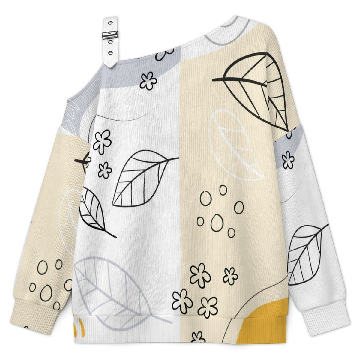 Off-the-shoulder Sweater Line Design, Flowers  Asymmetric Cold Shoulder Knit Sweater for Women, Adjustable Buckle Strap Long Sleeve Casual Slouchy Pullover