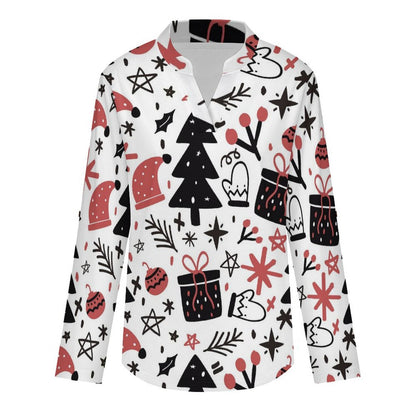 Christmas, Tree, Christmas Hat  Versatile Notched V-Neck Tunic | Roll Tab 3/4 Sleeve Office Casual Top