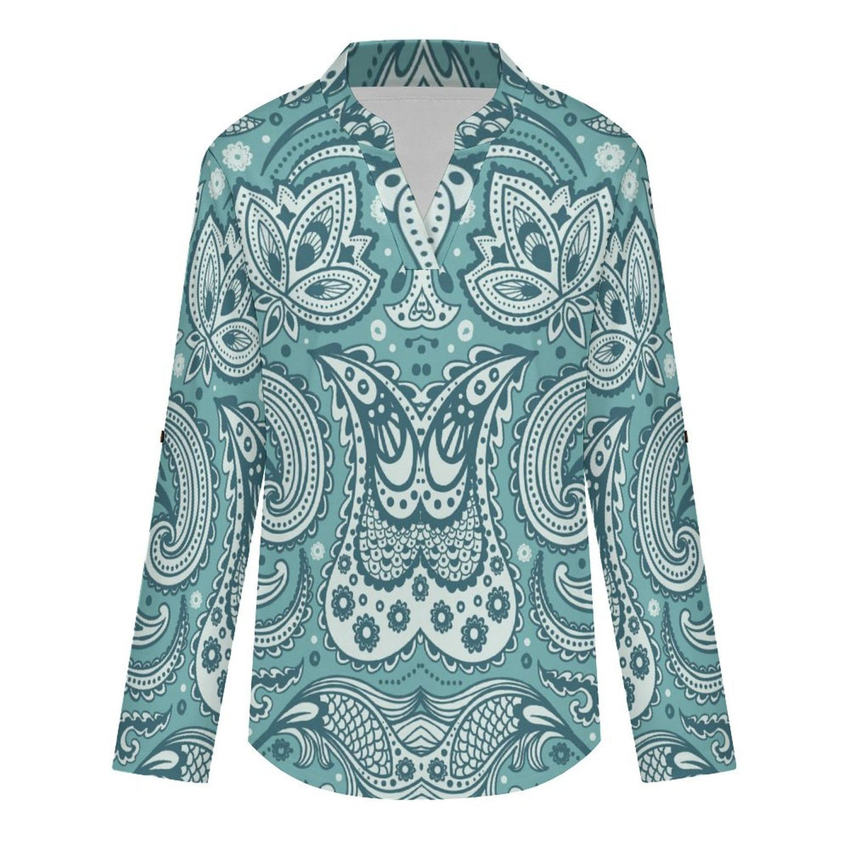 Paisley  Versatile Notched V-Neck Tunic | Roll Tab 3/4 Sleeve Office Casual Top
