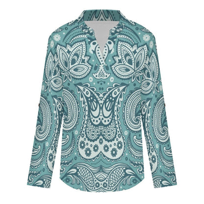 Paisley  Versatile Notched V-Neck Tunic | Roll Tab 3/4 Sleeve Office Casual Top