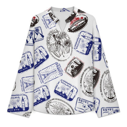 Repeating Patterns, Postmarks, Flags, Blue Stars, Stripes Roll Tab 3/4 Sleeve Notched V Neck Tunic Blouse