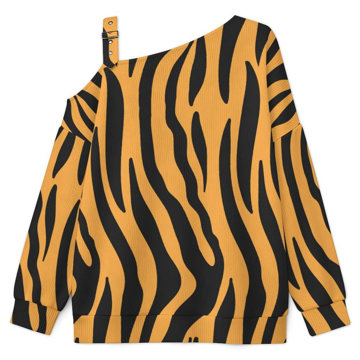 Yellow Tiger Pattern, Background Fall Casual Asymmetric Shoulder Knit Top with Buckle Detail