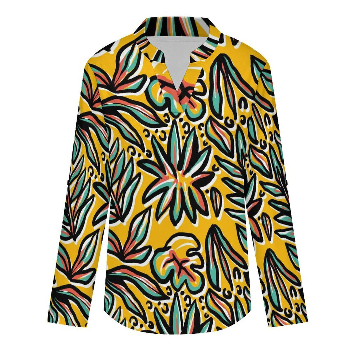 Women Curved Hem V Neck Roll Sleeve Casual Work Top  Floral, Repeating Pattern