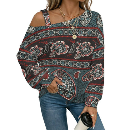 Off-the-shoulder Sweater European Retro Pattern white S Women’s Off-Shoulder Knit Sweater