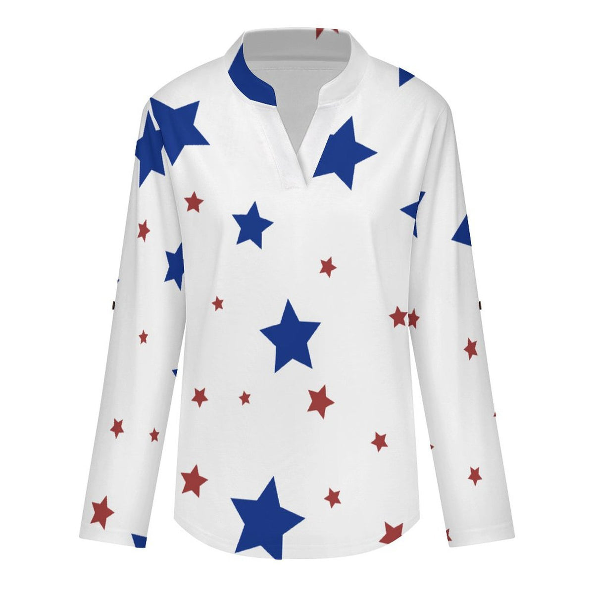 Stars Repeat Pattern Red And Blue  Versatile Notched V-Neck Tunic | Roll Tab 3/4 Sleeve Office Casual Top