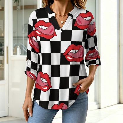 Pop Style Red Lips Repeat Pattern Black And White Checkered Roll Tab 3/4 Sleeve Notched V Neck Tunic Blouse