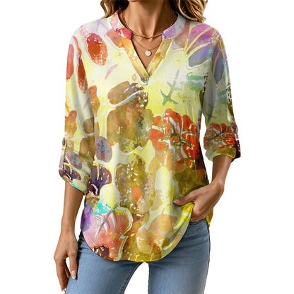 Women's Notched V Neck Tunic Tops, Roll Up 3/4 Sleeve Button Cuff Casual Blouse, Hem Loose Work Shirts Color Liquid Painting