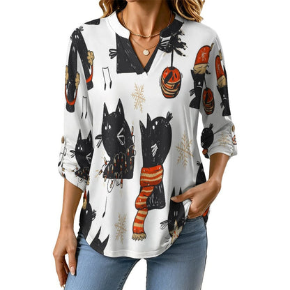 Christmas, Black Cat  Versatile Notched V-Neck Tunic | Roll Tab 3/4 Sleeve Office Casual Top