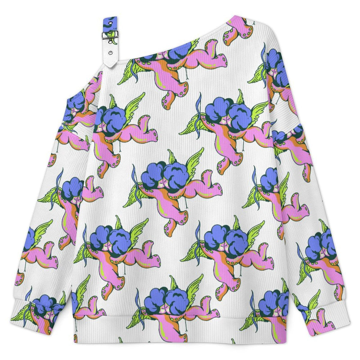 Buckle Strap Asymmetrical Off Shoulder Knit Sweater Octopus Angel Pattern