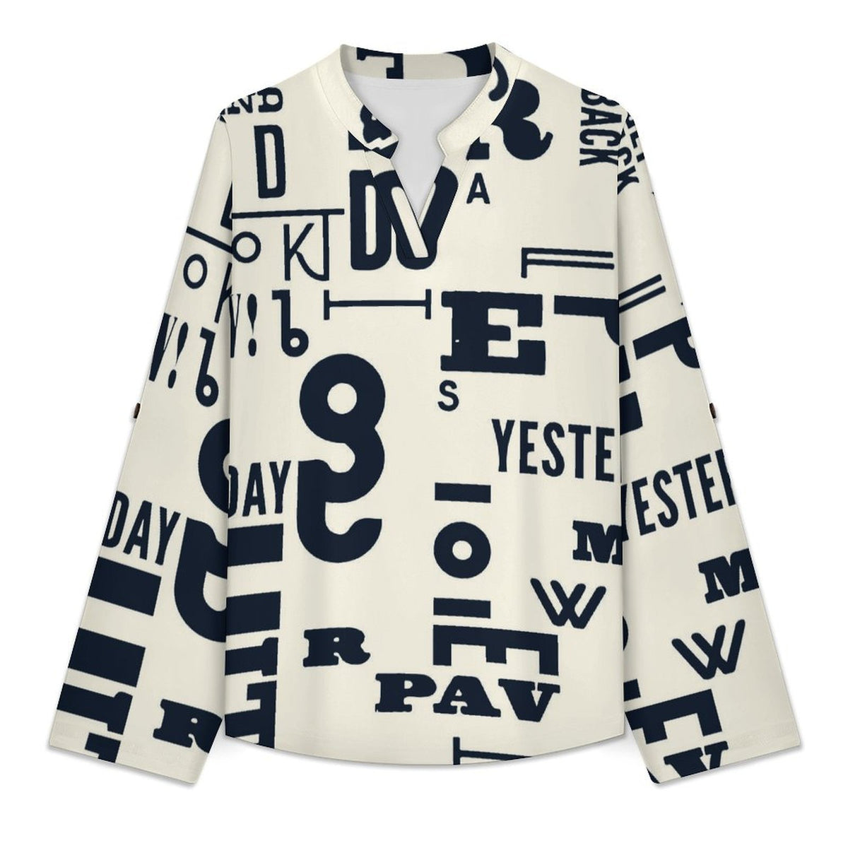 Stand-up Collar Long-sleeved Shirt Black And White, Notes, Newspapers white S Women’s V-Neck Blouses