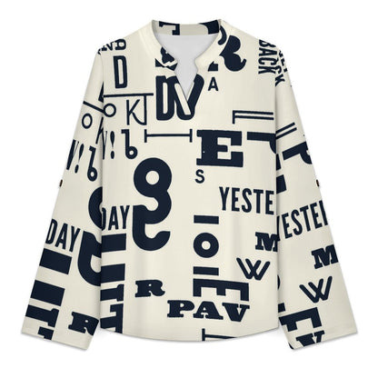 Stand-up Collar Long-sleeved Shirt Black And White, Notes, Newspapers white S Women’s V-Neck Blouses