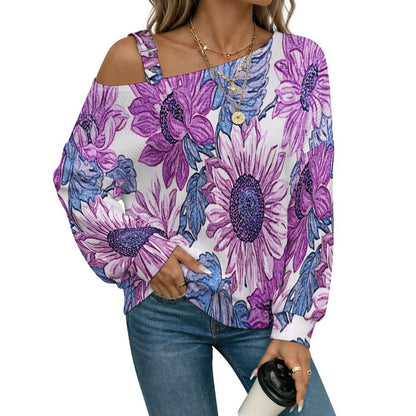 Fall Casual Asymmetric Shoulder Knit Top with Buckle Detail Purple Flowers