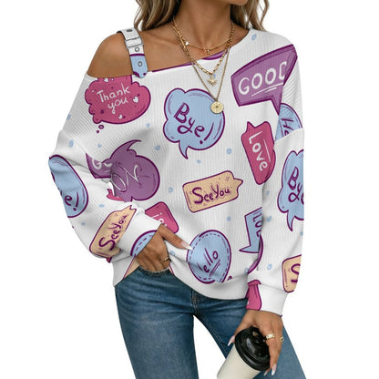 Cartoon, Pop, Pattern Fall Casual Asymmetric Shoulder Knit Top with Buckle Detail