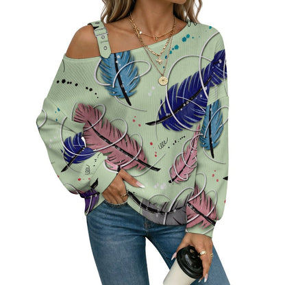 Women’s Off-Shoulder Knit Sweater Colorful Feather Pattern