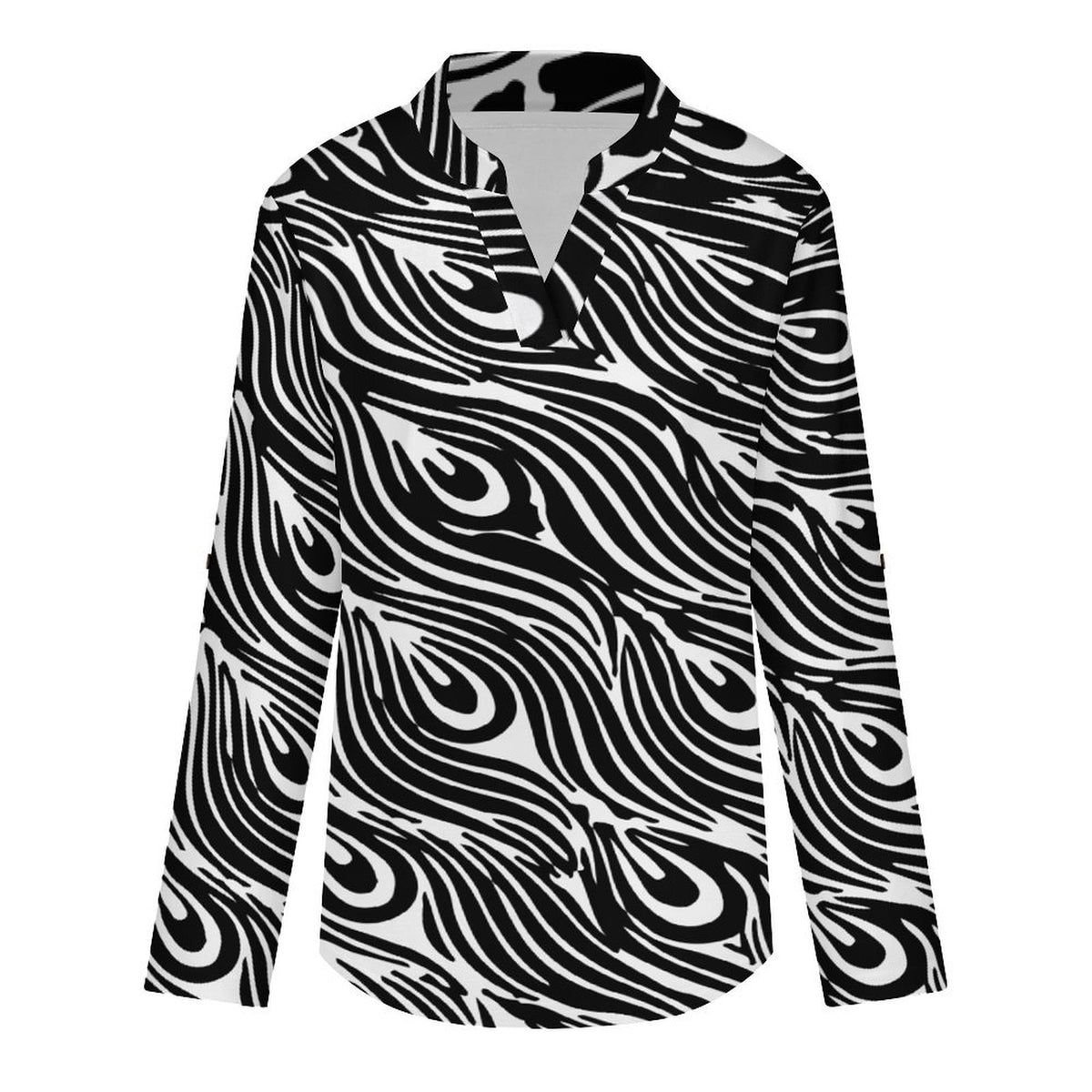 Stand-up Collar Long-sleeved Shirt Black, Peacock Wings white S Women’s V-Neck Blouses