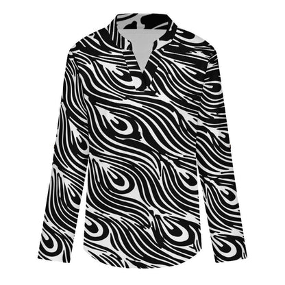 Stand-up Collar Long-sleeved Shirt Black, Peacock Wings white S Women’s V-Neck Blouses