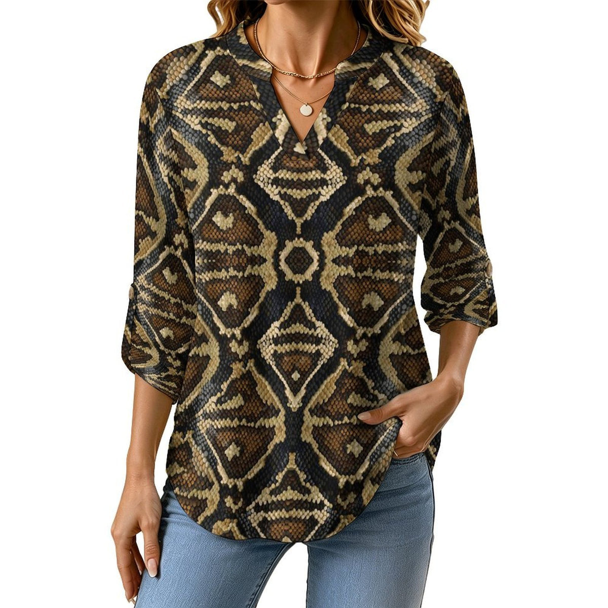 Snakeskin Pattern, Repeating Pattern  Versatile Notched V-Neck Tunic | Roll Tab 3/4 Sleeve Office Casual Top
