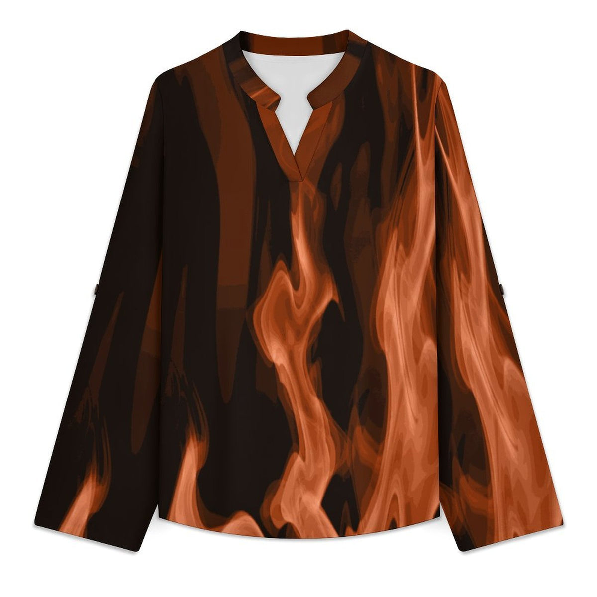 Red Flame, Burning  Women Curved Hem V Neck Roll Sleeve Casual Work Top