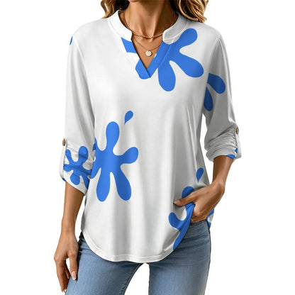 Women's Notched V Neck Tunic Tops, Roll Up 3/4 Sleeve Button Cuff Casual Blouse, Hem Loose Work Shirts  Blue Stains, Repeating Pattern