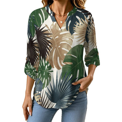Stand-up Collar Long-sleeved Shirt Plant Summer white SWomen’s V-Neck Blouses