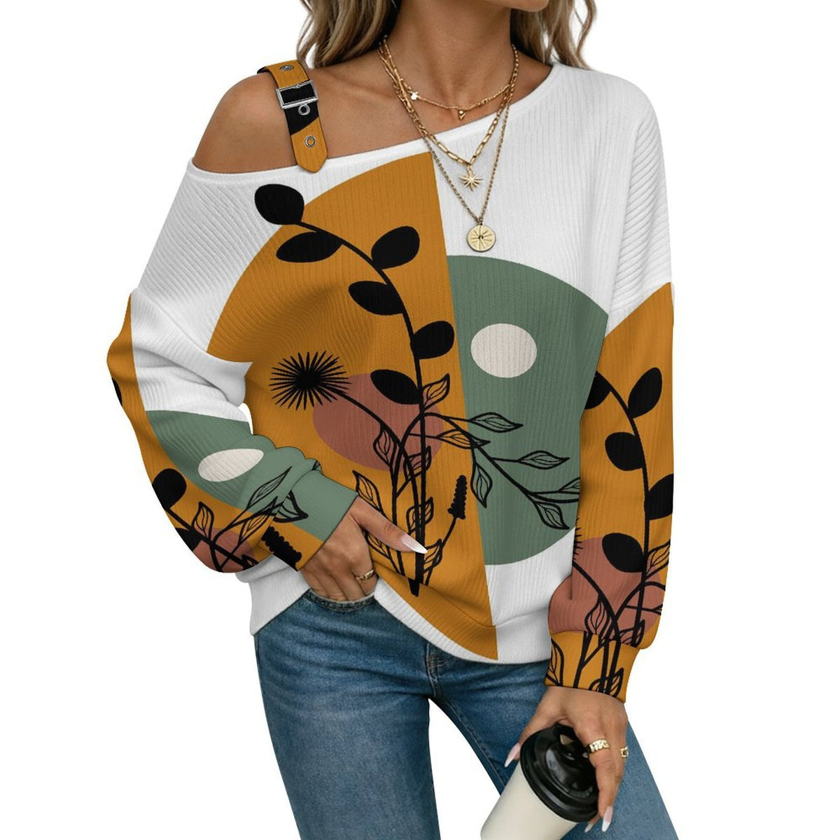 Women’s Off-Shoulder Knit Sweater Chinese Wind Scenery