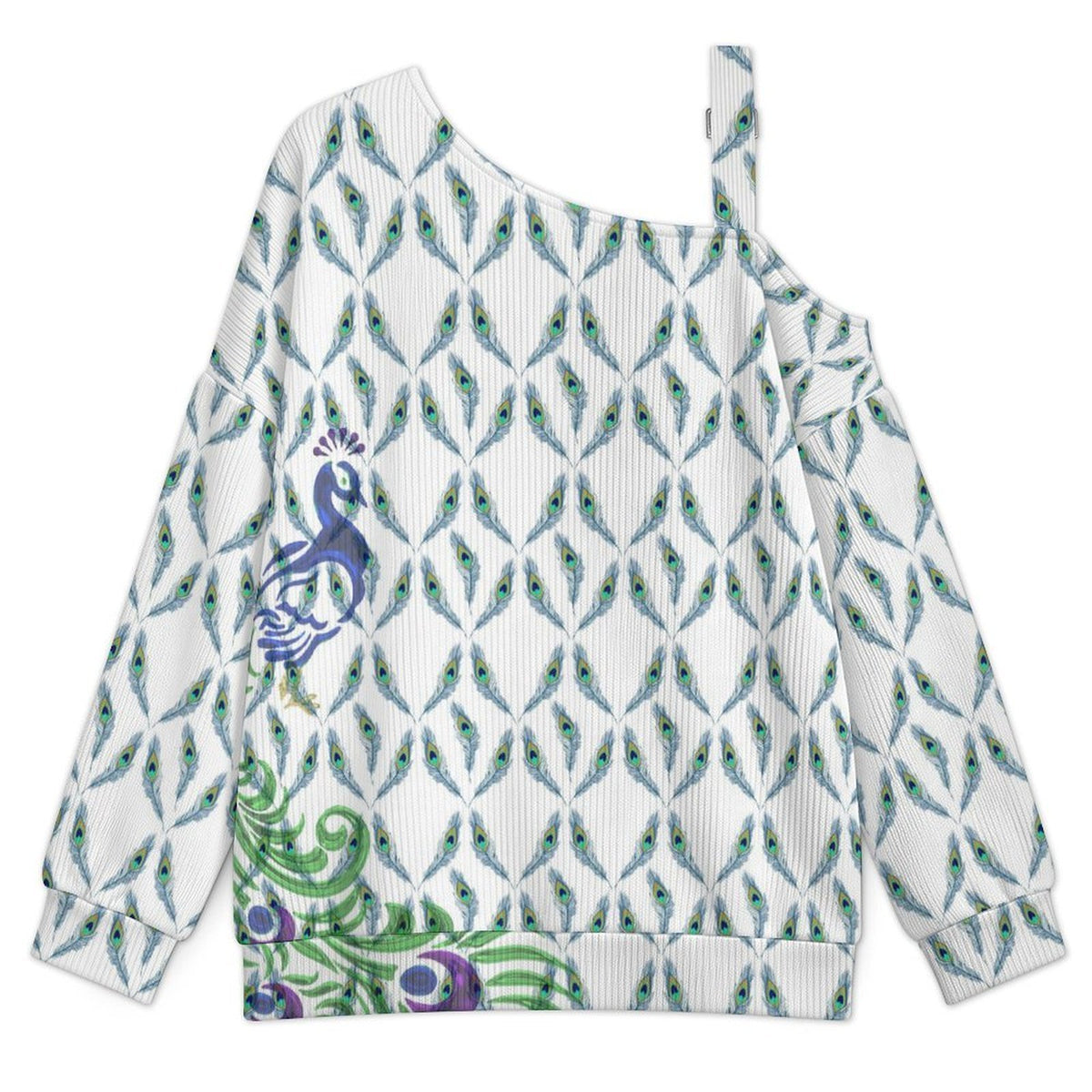 Women’s Off-Shoulder Knit Sweater Blue Peacock Feather