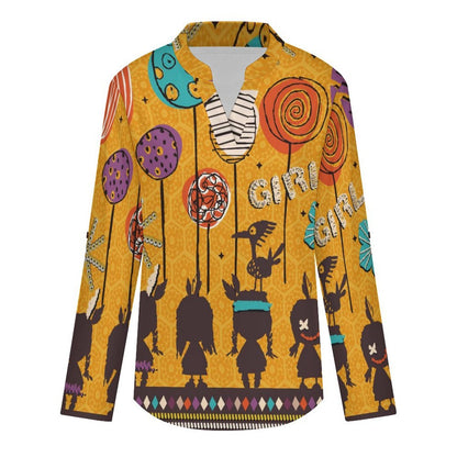 Indian Cartoon Doll  Women Curved Hem V Neck Roll Sleeve Casual Work Top