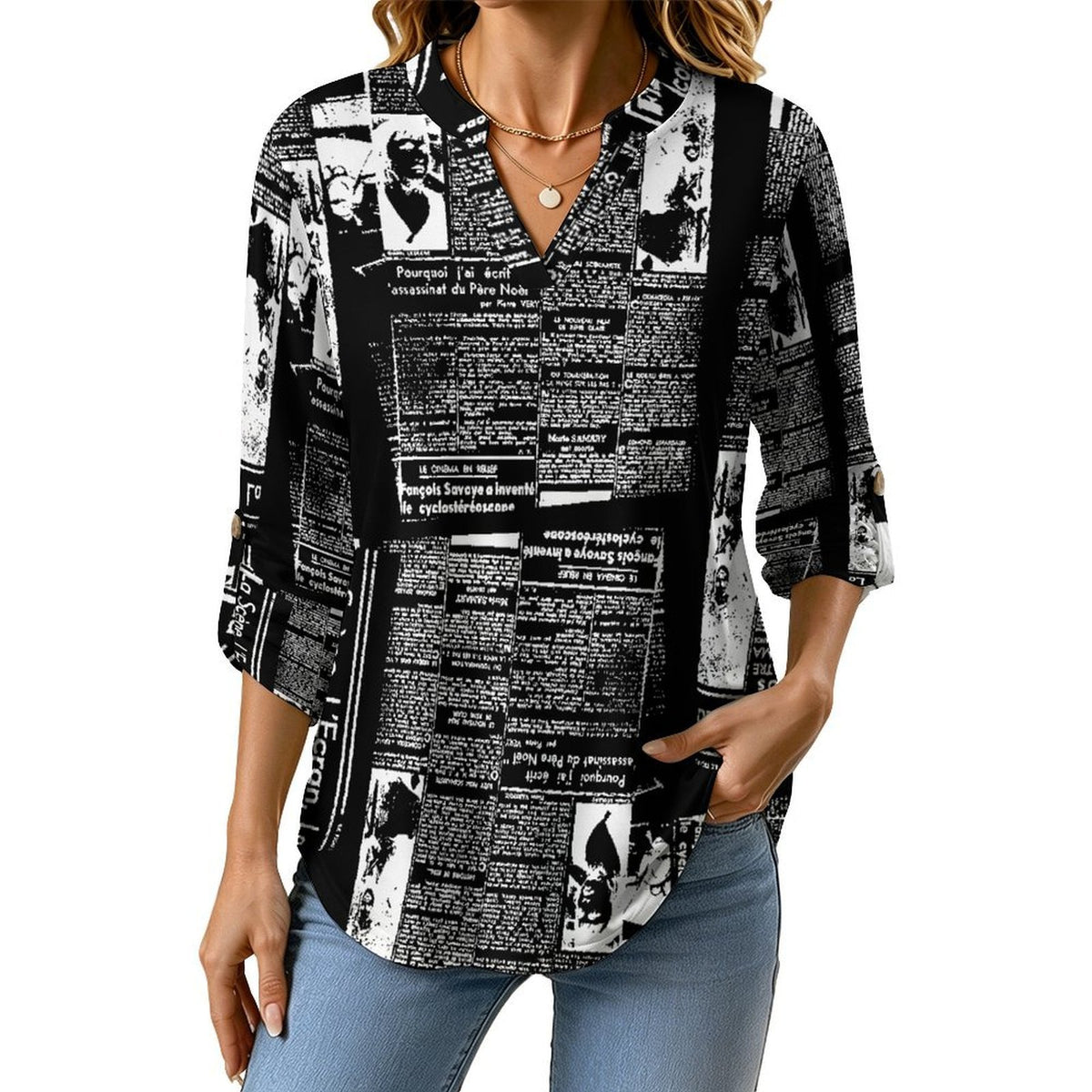 Stand-up Collar Long-sleeved Shirt Newspaper Vintage Dress white S Women’s V-Neck Blouses