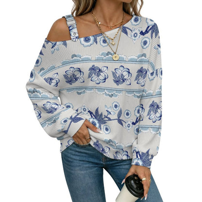 Off-the-shoulder SweaterChinese Style, Blue And White Porcelain Women’s Off-Shoulder Knit Sweater