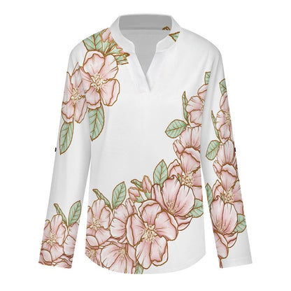 Flowers  Versatile Notched V-Neck Tunic | Roll Tab 3/4 Sleeve Office Casual Top