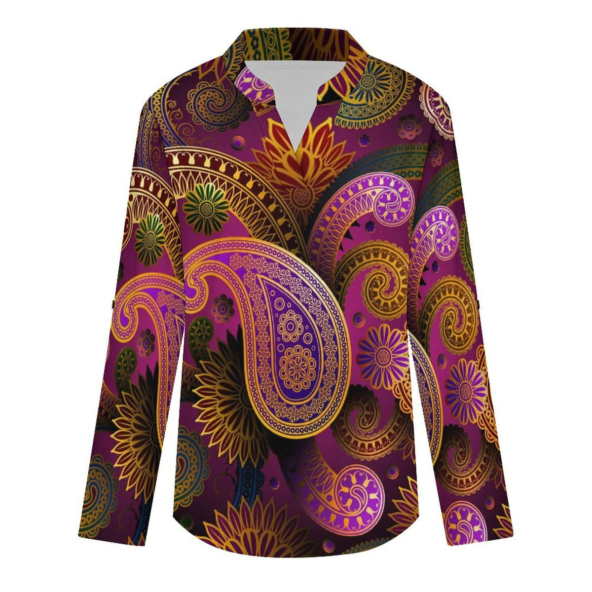 Paisley  Versatile Notched V-Neck Tunic | Roll Tab 3/4 Sleeve Office Casual Top